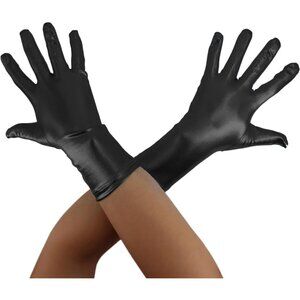 Women's Black Shiny Metallic Short Length Satin Wrist Gloves Costume Party